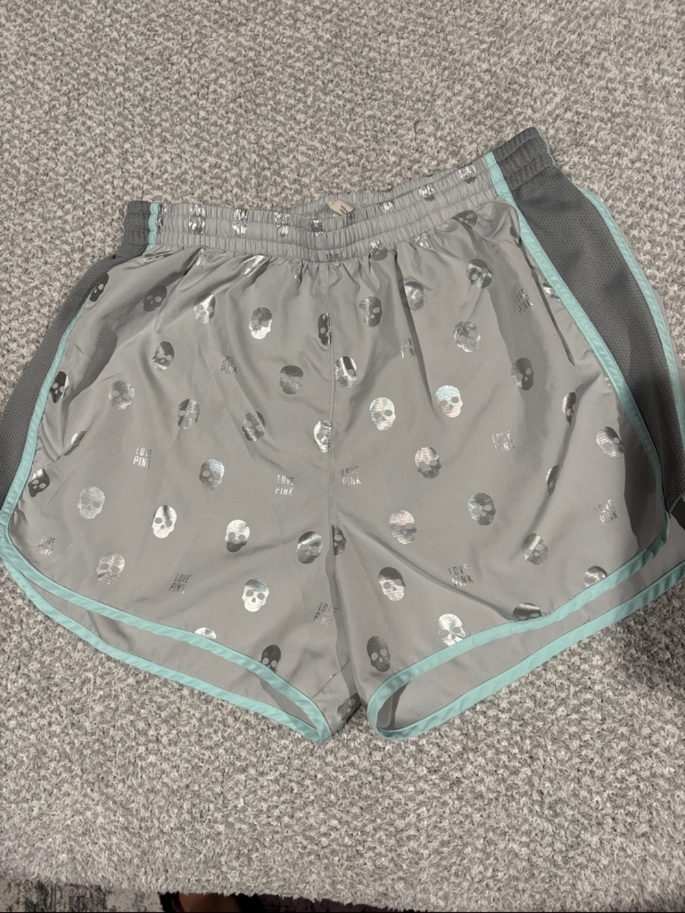 Victoria's Secret PINK Gray Skull Print Athletic Shorts with Mint Trim